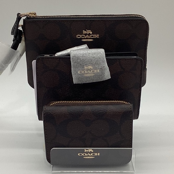 2144.  Coach Double Zip Wallet/Wristlet Brown/Black/Gold  Signature Leather NWT